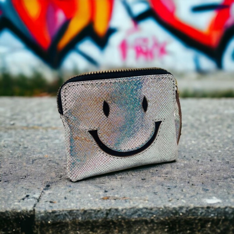 Mini zip Portemonnaie Leder Smiley silver metallic